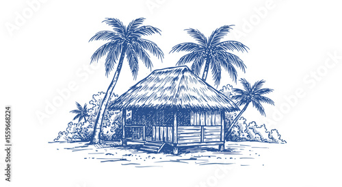 Tropical beach hut vector illustration: hand drawn design for poster or print