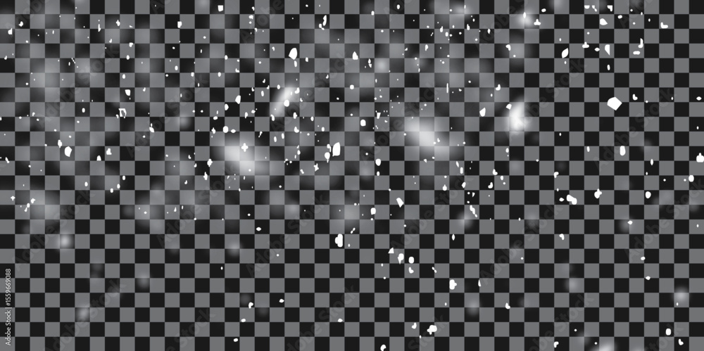 Falling snow particles blurred in motion on dark transparent background. snow dust. Vector illustration. EPS 10.