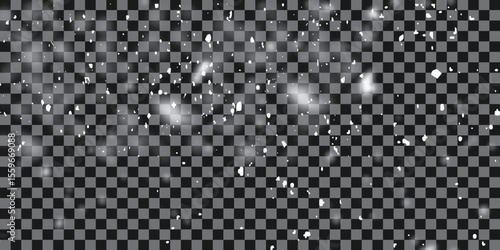 Falling snow particles blurred in motion on dark transparent background. snow dust. Vector illustration. EPS 10.