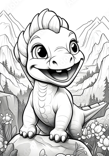 Dinosaur coloring page with waterfall background