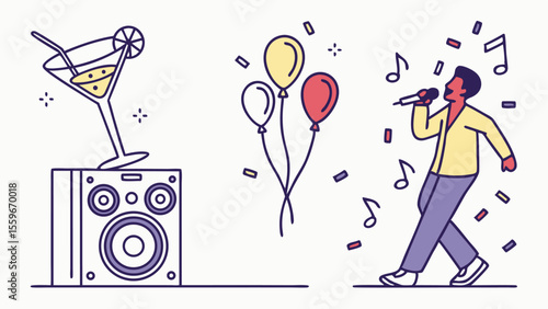 A lively illustration depicting a celebratory scene with a cocktail on a speaker colorful balloons and a person singing into a microphone amidst falling confetti and musical notes