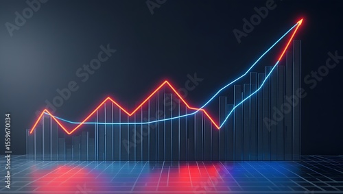 Glowing red and blue line chart going up on black background, stock market graph