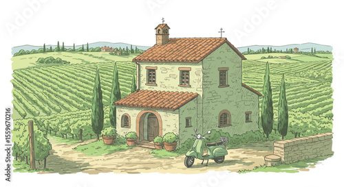 Rustic countryside villa vector illustration for travel poster design - hand drawn style
