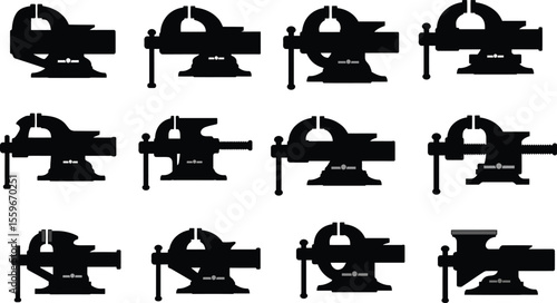 Robust Bench Vise Vector Silhouettes Collection. Essential Workshop, Industrial, & Metalworking Tool Icons. Clamping Equipment for Crafting and DIY Projects.