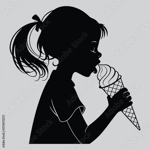 Girl licking an ice cream cone silhouette vector design art and illustration