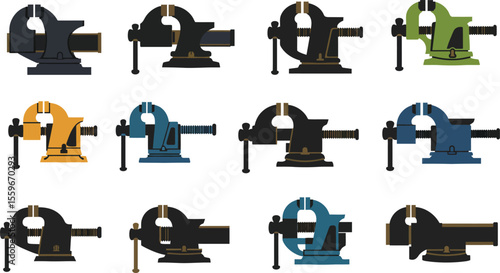 Robust Bench Vise Vector Silhouettes Collection. Essential Workshop, Industrial, & Metalworking Tool Icons. Clamping Equipment for Crafting and DIY Projects.