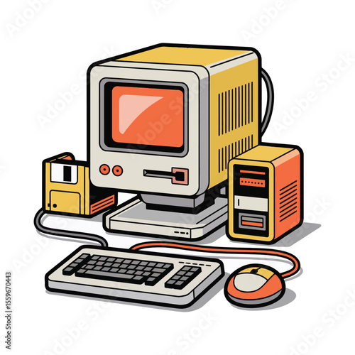 Retro computer setup vector illustration featuring a monitor keyboard mouse and floppy disk drive