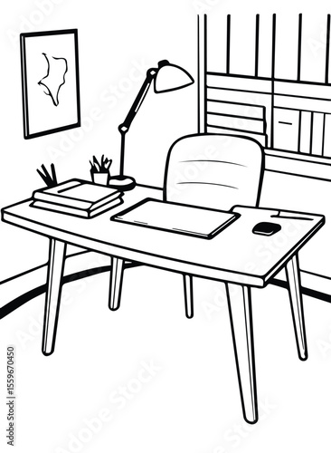 Empty home office desk with a lamp, books, and potted plant. An empty workspace in a home office setting.