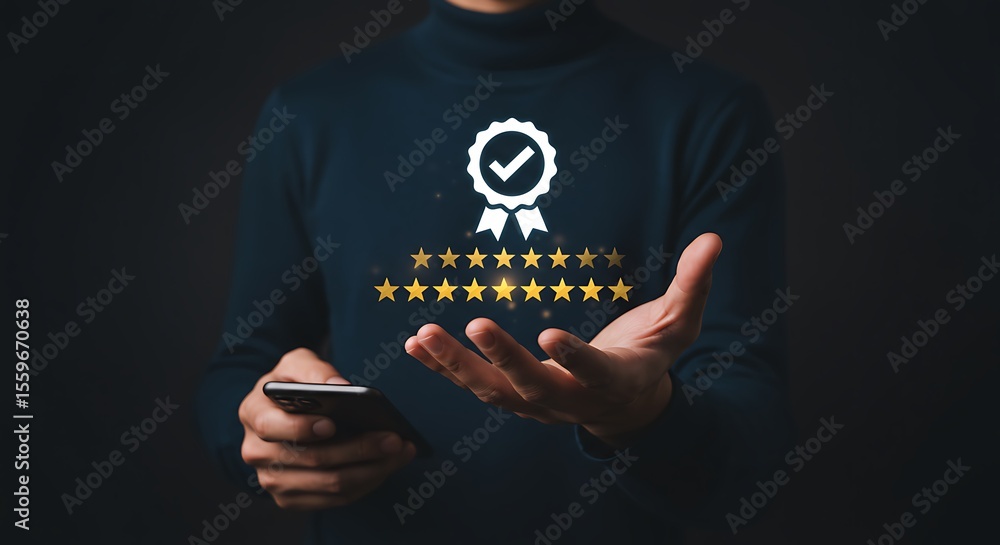Obraz premium Person presenting customer satisfaction and feedback stars with mobile phone in hand