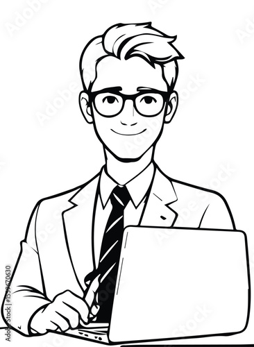 Young male professional in business attire working at a laptop computer. Smiling businessman with glasses working at his office desk.