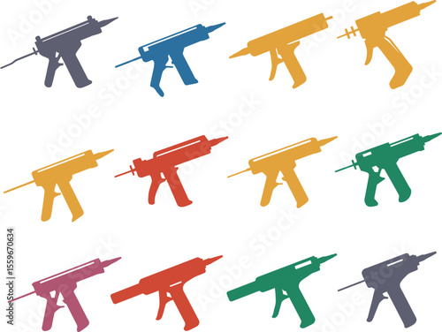 Professional Caulking Gun Vector Illustration Set. Sealant Application Tools for Construction, Home Improvement, and DIY Projects. Essential Building Equipment Collection.