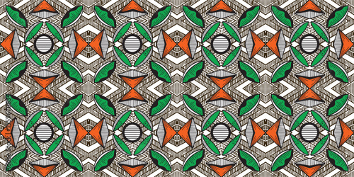 African ethnic traditional green, orange white color pattern. seamless beautiful Kitenge, chitenge style. fashion design in colorful. Geometric abstract motif. Ankara prints, African wax prints.