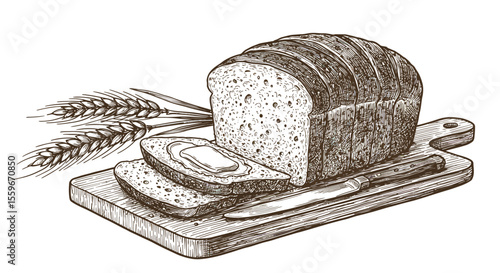 Rustic bread with butter vector illustration for kitchen decor in hand-drawn style