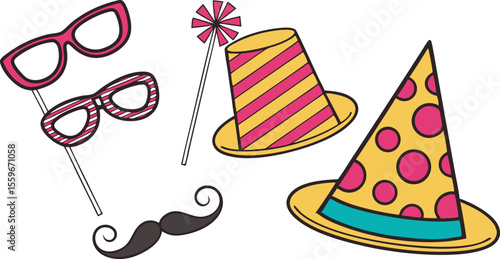 Collection of festive party props including two pairs of glasses on sticks a top hat with stripes a party hat with polka dots a pinwheel on a stick and a mustache on a stick all on a white background