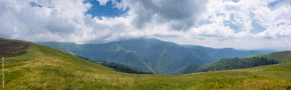 Fototapeta premium A panoramic view of rolling green hills and dense forests under a dramatic, cloudy sky. The layered landscape stretches into the distance, capturing the raw beauty of a mountainous countryside