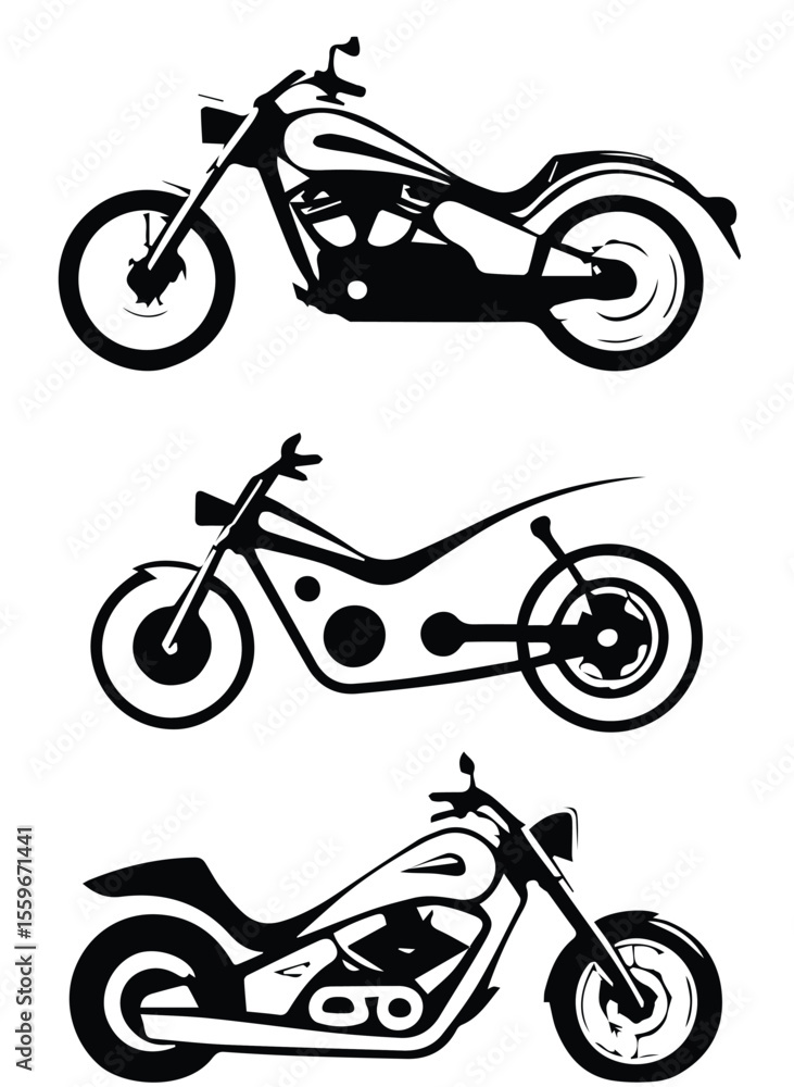 Fototapeta premium Black and white illustrations of three different motorcycle models. Silhouette designs of motorcycles in various poses against a plain white background.