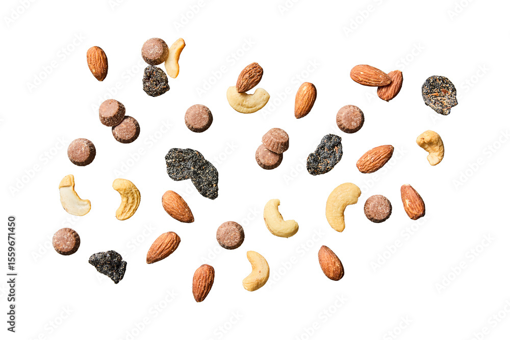 Assortment of nuts chocolate and dried fruit isolated on transparent background Assortment of nuts chocolate and dried fruit isolated on transparent background