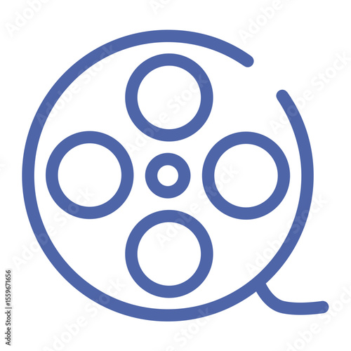 Illustration of a blue film reel with circular cutouts and a trailing film strip design element present