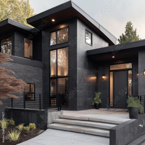 Contemporary home with dark ceramic tile siding and a tall front door for a striking look.