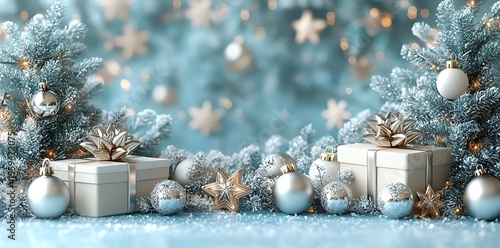 Elegant christmas scene with presents ornaments and winter holiday decoration