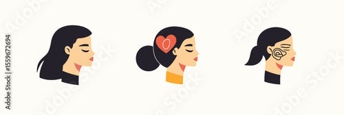 Profile views of diverse women with mental health symbols including heart and brain icons, self acceptance and emotional wellbeing concept vector illustration