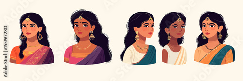 Vector set of five Indian women avatars in traditional sari dresses with jewelry and diverse skin tones flat minimalist cartoon illustration
