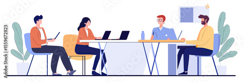 diverse business people team working on laptops during meeting in modern office with minimalist flat design and plants decoration vector illustration