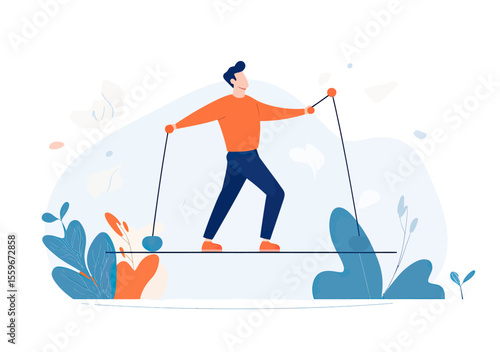 Businessman balancing on tightrope using poles with plants and abstract background representing risk management and stability concepts in flat vector style