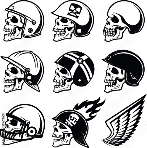 Skull Collection: A compelling assemblage of skull illustrations adorned with a variety of helmets, each showcasing intricate designs, conveying a strong sense of edginess and individuality.