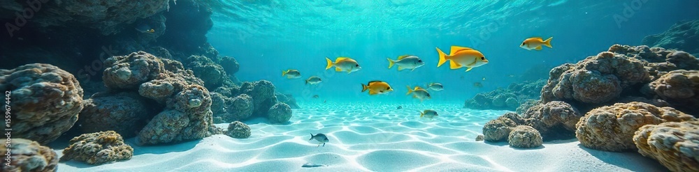 Fototapeta premium Tropical Fish Swim in Crystal Clear Water, Pristine White Sand Beach, Underwater Paradise Scene. Perfect for Travel, Vacation, and Nature Stock Photography. Serenity and Beauty.