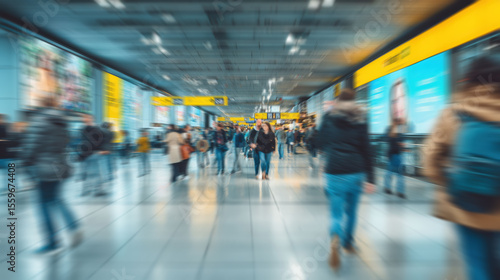 Wallpaper Mural People move quickly through a modern airport, their motion blurred against the bright space with glass walls and a large digital screen displaying an advertisement. Torontodigital.ca