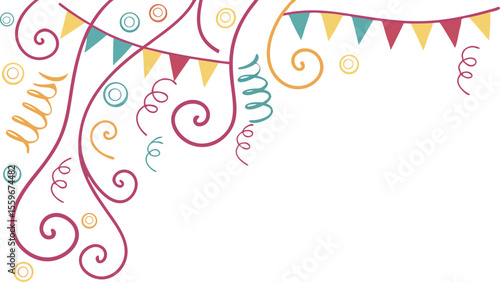 Festive corner decoration with colorful bunting flags swirling ribbons and confetti circles perfect for celebrations and party invitations
