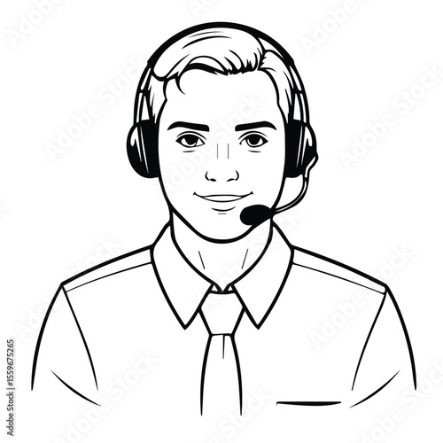 Young male customer service representative wearing a collared shirt and tie, in a neutral setting. Smiling and wearing headset with microphone, ready to assist.