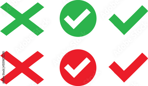 Green red checkmarks X marks in various forms on a for choices cross