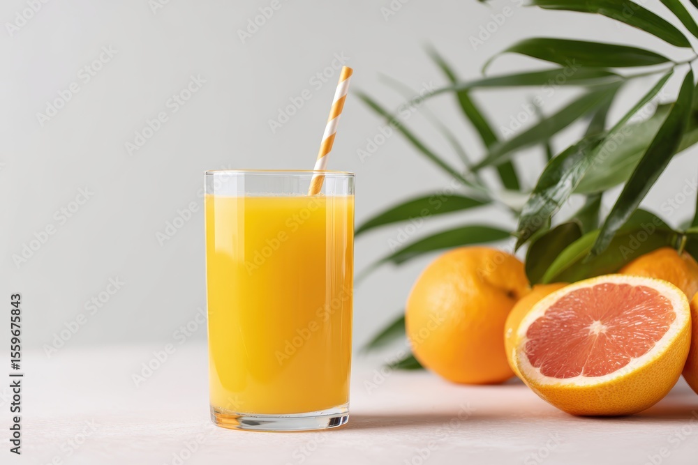 Fototapeta premium Glass of fresh juice with paper straw placed on white surface