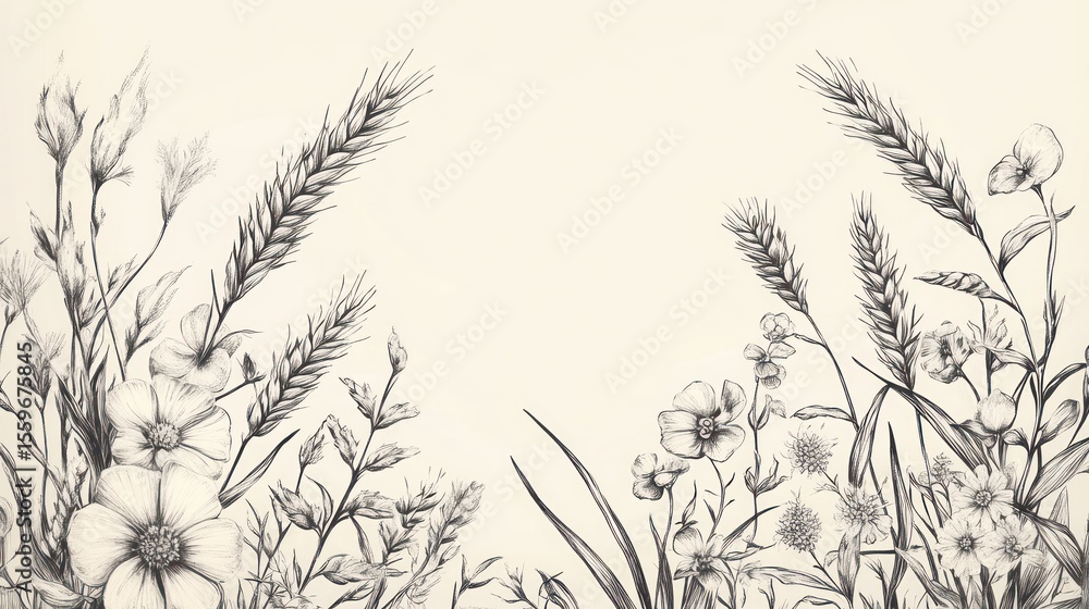 Naklejka premium Monochromatic botanical illustration showcasing wildflowers and wheat elements
