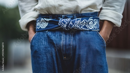 Close-up of blue jeans with a patterned bandana belt.