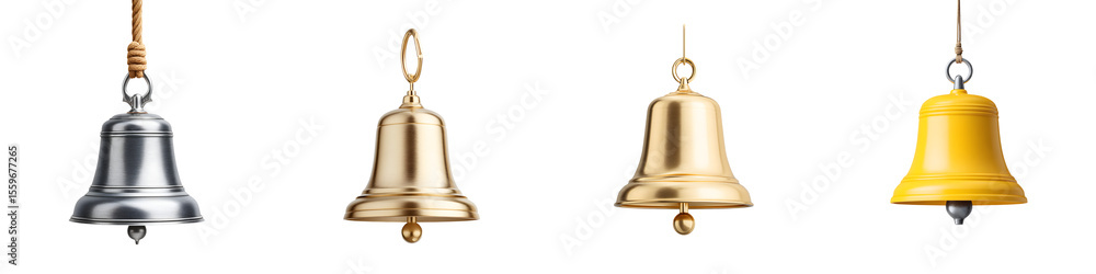 Set of Four Metal Bells in Silver, Gold, and Yellow Hanging on White Background Set of Four Metal Bells in Silver, Gold, and Yellow Hanging on White Background