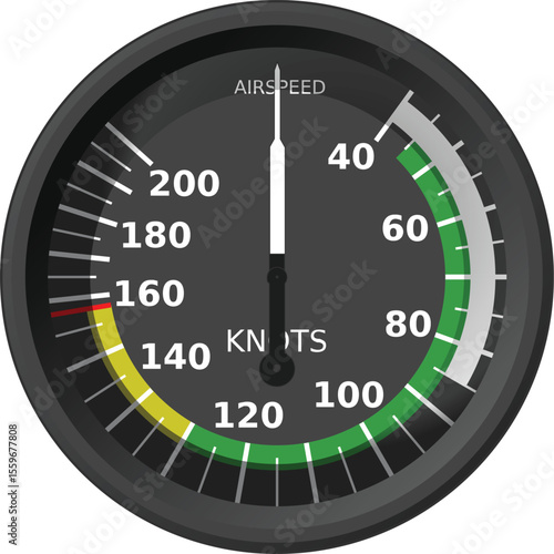 Realistic Aircraft Airspeed Indicator with 120 Knots. Black Aviation Speed Gauge for Jet, Helicopter. Glider Cockpit UI, Aeronautical Instrument Panel for Flight Simulator, Training, Pilot Dashboard