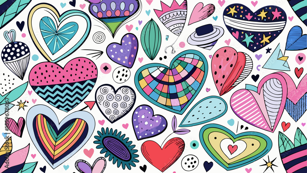 Naklejka premium Doodle Heart Pattern Collection – Colorful & Black Sketch Style Love Icons