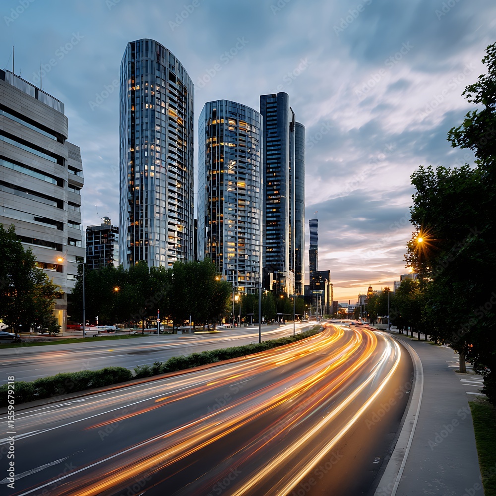 Fototapeta premium Urban Landscape with Skyscrapers and Light Trails at Twilight in a Modern City Setting
