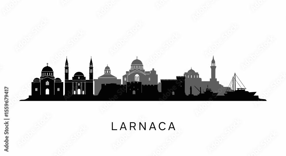 Obraz premium Larnaca with Cyprus Skyline, and Black Silhouette.