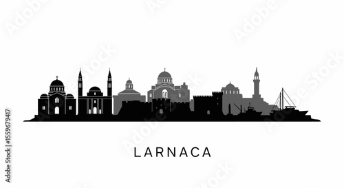 Larnaca with Cyprus Skyline, and Black Silhouette.