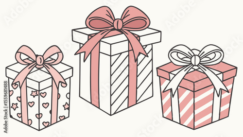Three charming hand drawn gift boxes adorned with delicate pink ribbons and bows featuring patterned designs of hearts and stripes on a clean white background