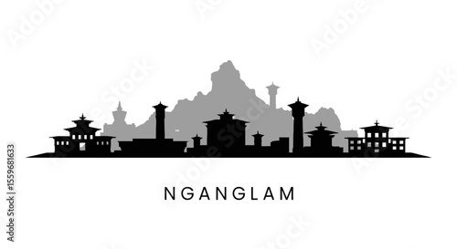 Nganglam Bhutan Skyline with Vector Silhouette.