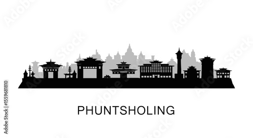 Phuntsholing Bhutan Skyline Black Silhouette.