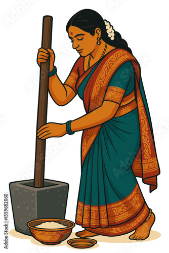 Indian Woman Pounding Rice with Traditional Wooden Pestle – Vector Illustration

