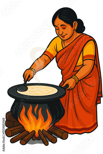 Indian Woman Stirring Hot dosa, Over Firewood Stove – Vector Illustration

