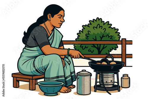 Indian Woman Frying Snacks, vada Outdoors on Traditional Stove – Vector Illustration

