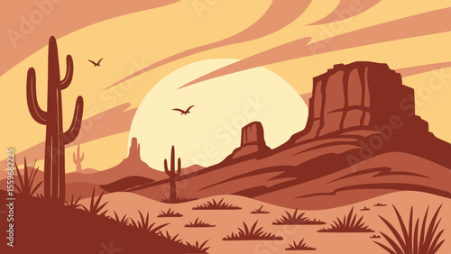 Sunset Desert Landscape Illustrations – Cactus, Canyon & Western Scenery
